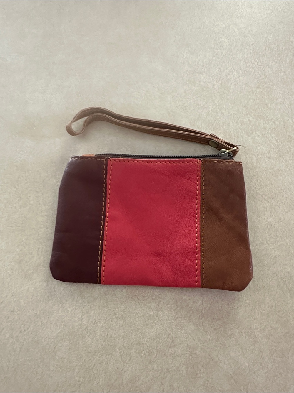 Colorblock Leather Wristlet Clutch in Red, Brown, and Tan